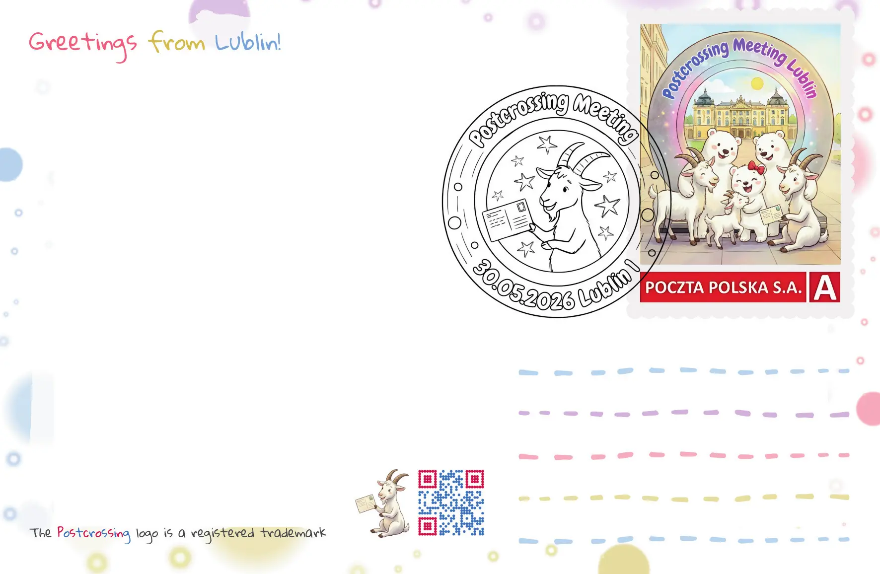 Datownik okolicznościowy i znaczek meetingowy na tyłach pocztówki